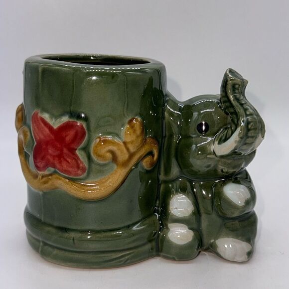 Ceramic Majolica Lucky Bamboo Ceramic Elephant Planter Pot - Picture 1 of 8